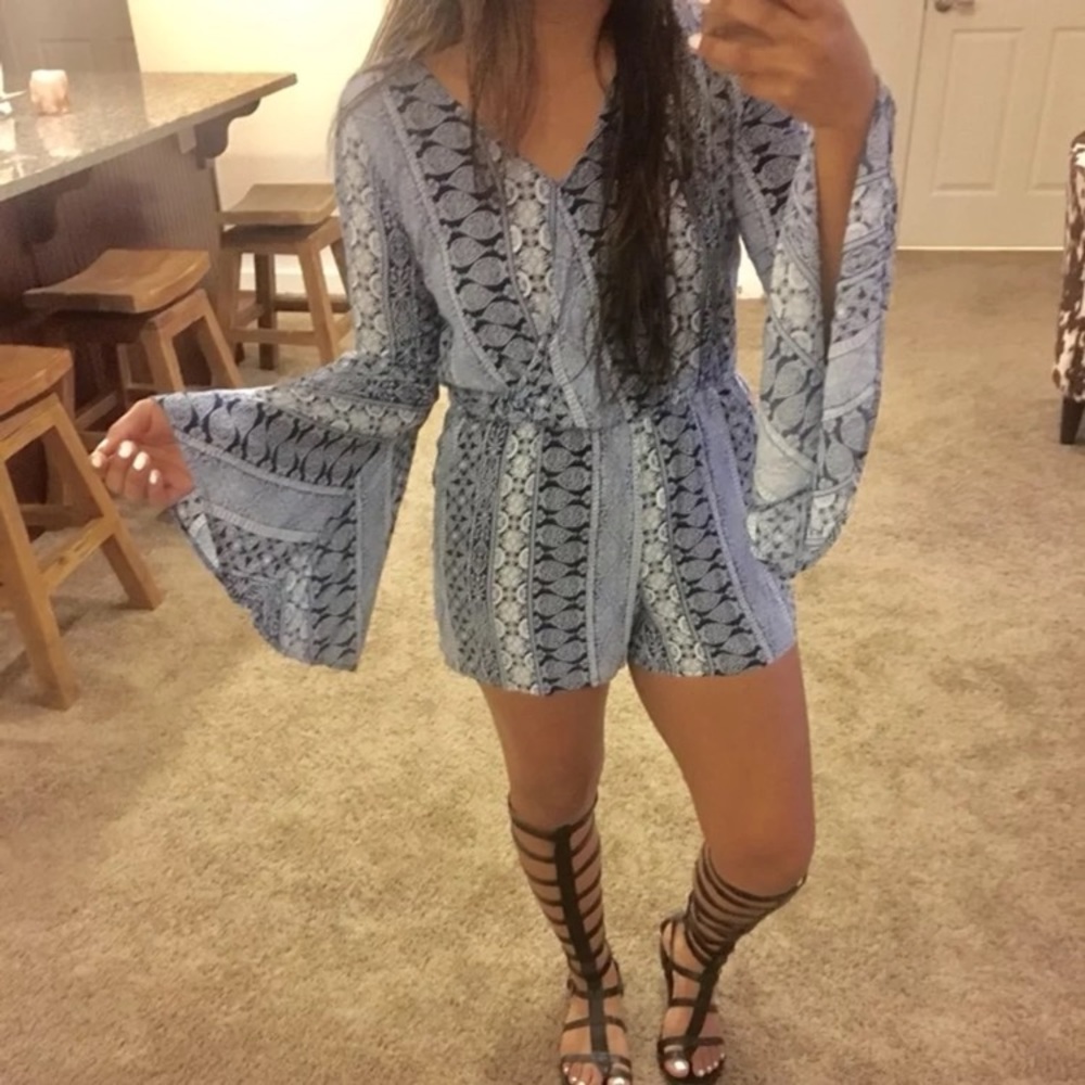 Blue boho bandana bell sleeve romper